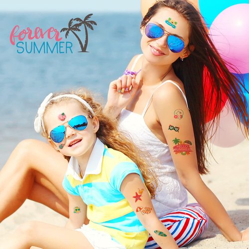 60 Pieces Summer Temporary Tattoos for Kids, Pool Party Favors, Hawaiian Luau Beach Temporary Tattoo, Watermelon Strawberry Pineapple Flamingo Tattoo Stickers for Birthday Party Supplies
