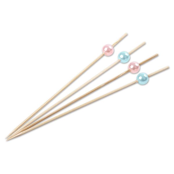 Andaz Press Natural Bamboo Drink Stirrer Cocktail Picks, 5-Inch Long with Light Pink and Baby Blue Pearl Bead, Wood Swizzle Stick, Toothpicks, 100 Pack Cocktails, Hors D'oeuvres, Party Appetizers