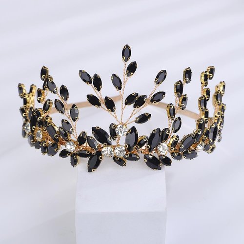 Teyglen Bridal Crystal Headband Black Rhinestone Wedding Headband Hair Crown Handmade Crystal Headband Tiara Bridal Headpiece Hair Accessories for Women Party Prom (Black)
