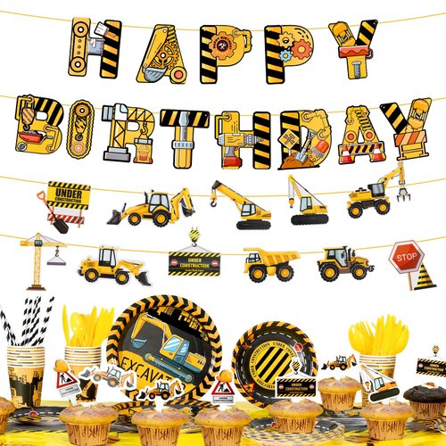 Jspupifip 194 Pcs Construction Birthday Party Supplies,Dump Truck Party Decor with Cake Toppers Banner Tablecloth Plates Straw Cups Napkins Transportation 20 Kit for Kids Boys Birthday Party Supplies