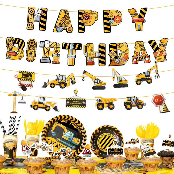 Jspupifip 194 Pcs Construction Birthday Party Supplies,Dump Truck Party Decor with Cake Toppers Banner Tablecloth Plates Straw Cups Napkins Transportation 20 Kit for Kids Boys Birthday Party Supplies