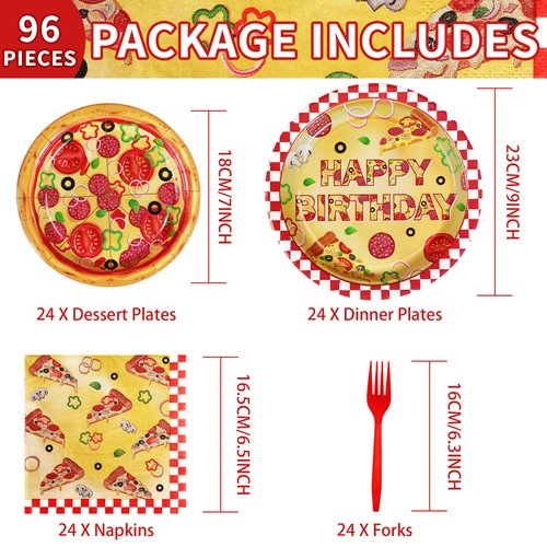 96Pcs Pizza Party Supplies 350GSM Pizza Party Plates and Napkins Tableware Sets Pizza Birthday Party Decorations Favors for Pizza Night Theme Kids Baby Shower Carnival Italy Party Decor Serves 24