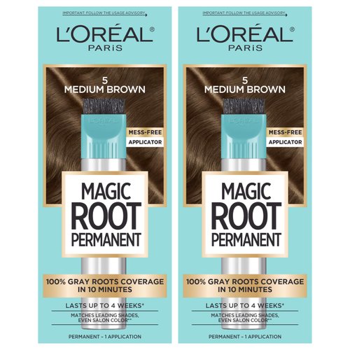 L'Oreal Paris Magic Root Permanent Hair Color, 10 Minute Hair Dye Kit to Rescue Roots with 100% Gray Hair Coverage, 5 Medium Brown, 2 Pack (Packaging May Vary)