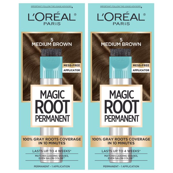 L'Oreal Paris Magic Root Permanent Hair Color, 10 Minute Hair Dye Kit to Rescue Roots with 100% Gray Hair Coverage, 5 Medium Brown, 2 Pack (Packaging May Vary)