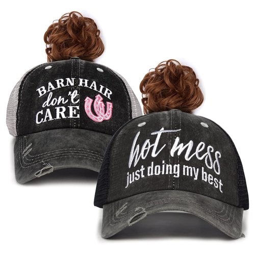 FADACHY Ponytail Hat Mesh Back Womens Baseball Cap Distressed Messy Bun Trucker Ponycap 2 Pcs