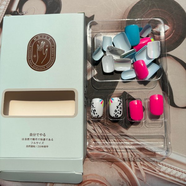 Short Press on Nails Rose Pink Fake Nails Blue False Nails with Leopard Print Designs Colorful Square Glue on Nails Nude White Stick on Nails Full Cover Acrylic Nails Glossy Artificial Nails 24Pcs