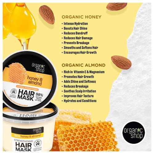 Organic Shop Hair Mask – Honey & Almond Strengthening Deep Conditioner, Hydrates, Nourishes & Repairs Dry, Damaged Hair, Intensive Hydration All Hair Types. 250 ml