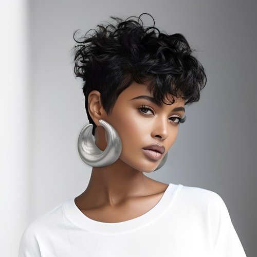 BOBCOO Short Pixie Wigs For Black Women Pixie Cut Wigs Short Black Curly Wigs For Women Natural Black Wavy Older Women Curly Hairstyles Short Wavy Synthetic Wig with Bangs for Black Women
