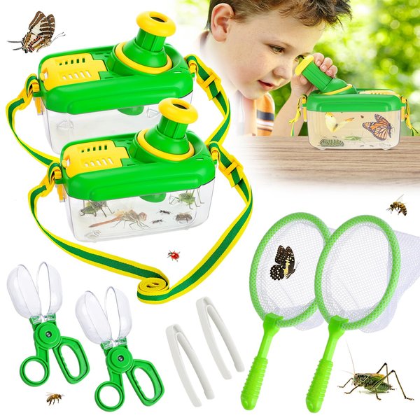 2Sets Bug Kids Catcher - Sturdy Kids Catching Kit of Christmas Bug Gifts with Retractable 360° Rotatable Magnifying Glass Butterfly Net- Kids Bug Habitat Outdoor Explorer Kit for Kids Age 3 4 5 6 7 8