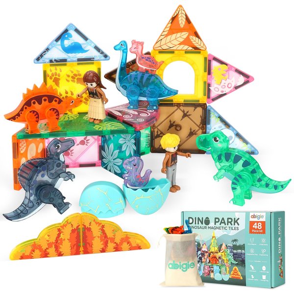 Dinosaur Toys Magnetic Tiles Blocks, 3D Movable Dinos Magnetic Building Blocks for Kids 3-5 5-7 STEM Educational Outdoor Sensory Toys Gifts for Boys and Girls