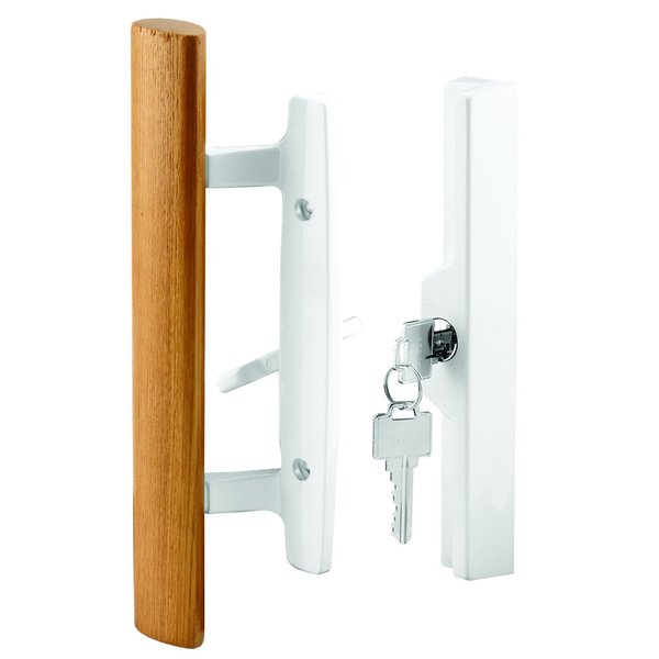 Prime-Line C 1316 Patio Door Handle Set, 3-15/16 In., Diecast, Wood Pull, White, Mortise, Keyed (Single Pack)