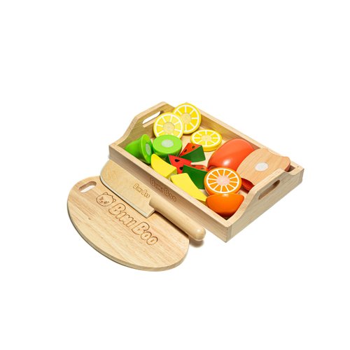 Bimi Boo Wooden Cutting Fruit Set Toy - Play Food Kitchen Accessory, Pretend Play for Toddlers (6 Fruits, Knife, Cutting Board, and Storage Tray)