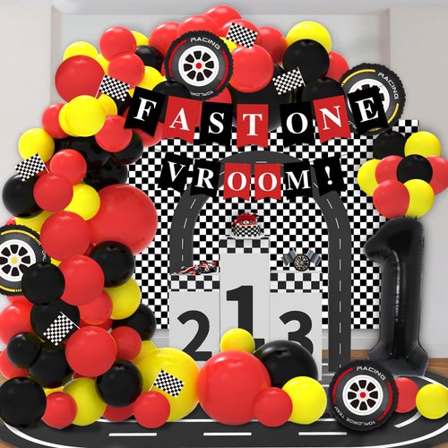NUTTYBASH Fast One Birthday Decorations for Boys, Race Car Birthday Party Decorations Include Fast One Banner Backdrop Balloons Flag Checkered Foil Balloons, Fast One Birthday Party Supplies