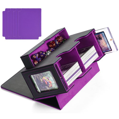 MTG Deck Box with 2 Commander Display, Commander Deck Box Fits 320+ Single Sleeved Cards, Deck Box MTG with Dice Tray, Magnetic MTG Deck Box Storage with 35pt Card Brick & 4 Dividers (Black&Purple)