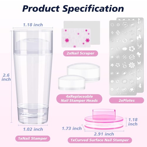 Subay French Nail Stamper, Nail Stamper Kit - 2pcs Nail Art Stamper, Nail Scraper, 2pcs Nail Stamping Plate, 4pcs Replaceable Silicone Jelly Heads for Gel Manicure Home Salon Nail Art DIY