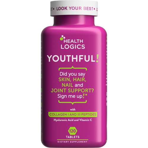 Health Logics Youthful Collagen 6,000 mg | Collagen Peptides Types 1 and 3 with Hyaluronic Acid and Vitamin C | Anti-Aging Collagen for Healthy Joints & Skin | 120 Collagen Tablets