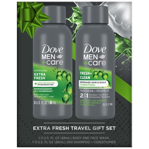 Dove Men+Care Travel Essentials Bundle – Extra Fresh Body & Face Wash & Fresh + Clean 2-in-1 Shampoo, 3 Oz Ea