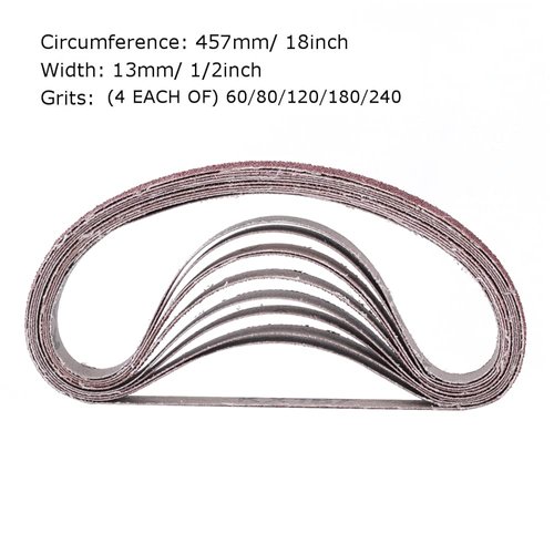 1/2 Inch x 18 Inch Sanding Belts, 4 Each of 60/80/120/180/240 Grits, Belt Sander Tool for Woodworking, Metal Polishing, 20 Pack Aluminum Oxide Sanding Belt