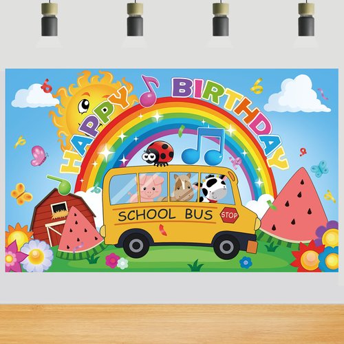 Cartoon Melon Birthday Party Supplies,Kid Party Decorations Banner School Bus Backdrop Boys and Girls Happy Birthday Banners
