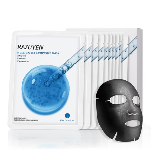 RAZUYEN Charcoal Face Sheet Mask, Anti-Aging, Detoxifying & Moisturizing face mask for Sensitive Skin with Centella Asiatica, Vitamin B5, Glass Skin Face Mask for after Microneedling, 10 Sheets