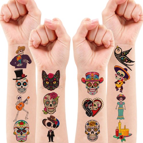 103 PCS Day of The Dead Dia De Los Muertos Temporary Tattoos Sticker Birthday Decorations Halloween Festival Mexican Sugar Skull Puppy Black Carnival Themed Party Favors Supplies Cute Boy Gifts