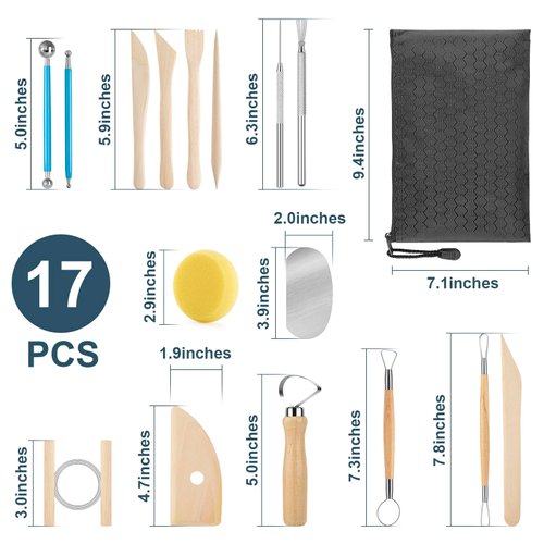 KACOLA Pottery Tool Kit, 17pcs Polymer Clay Tools, Modeling Clay Sculpting Tools Kit, Ceramics Tools, Trimming, Embossing Pattern, Smooth Wooden Handles
