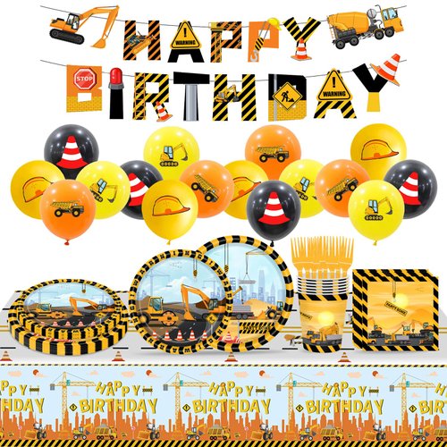 Construction Birthday Party Supplies Serve 20 Construction Theme Tableware Set Dump Truck Plates Napkins Cups Fork Balloon Banner Tablecloth Construction Party Decorations Kids Birthday Party Supplies