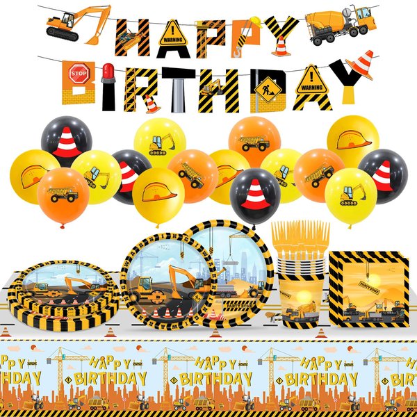 Construction Birthday Party Supplies Serve 20 Construction Theme Tableware Set Dump Truck Plates Napkins Cups Fork Balloon Banner Tablecloth Construction Party Decorations Kids Birthday Party Supplies