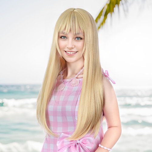 MUPUL Blonde Wig With Bangs Long Blonde Cosplay Wig Straight Halloween Costume Wigs For Women