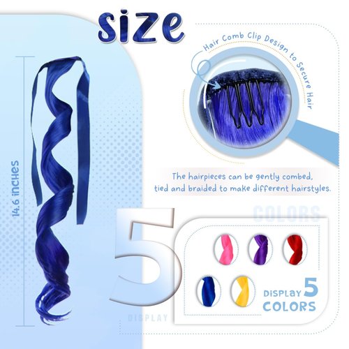 Z-CHARMMY Colored Curly Hair Extensions with Satin Ribbon, Tie-in Rainbow Colored Hair Extensions for Kids, Wrap Around Colorful Ponytail for Girls, 5 Color, 10 Pieces