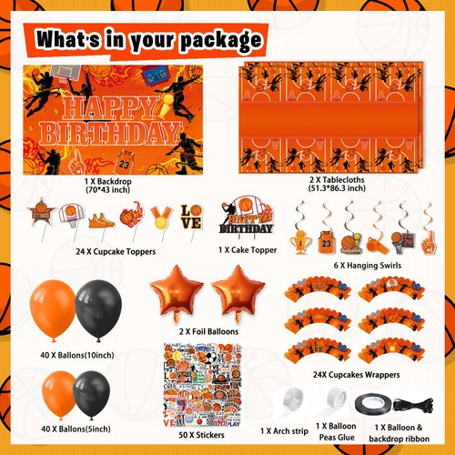 LXlucktim Basketball Birthday Party Decorations, 177 Pcs Basketball Themed Party Supplies for Boys Baby - Backdrop, Cupcake Toppers, Balloons, Cupcakes Wrappers, Hanging Swirls, Tablecloth, Stickers