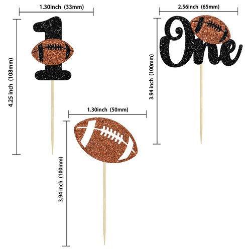 24Pcs Rugby 1st Birthday Cupcake Toppers Glitter First Birthday American Football One Cupcake Picks Decorations for Rugby Sports Theme Baby Shower Kids 1st Birthday Party Cake Supplies