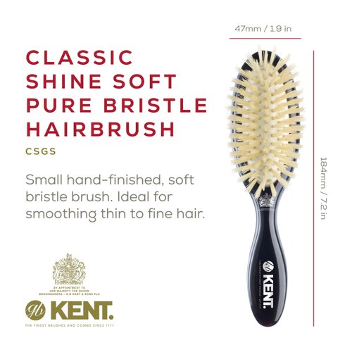 Kent CSGS Classic Shine Small Oval Cushion Straightening Brush and Hair Detangler Natural White Boar Bristle Hair Brush, Shine Hair Brush and Scalp Scrubber for Mid-Length Fine or Thinning Hair