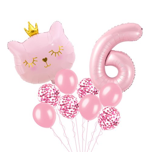 Cat Birthday Decorations, Cat Balloons, Pink 6 Balloon Number, Cat Themed Birthday Party Decorations, 6th Birthday Decorations For Girls