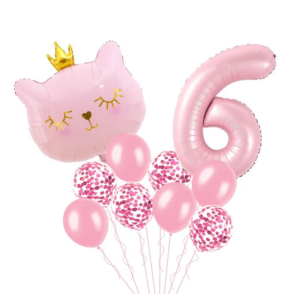 Cat Birthday Decorations, Cat Balloons, Pink 6 Balloon Number, Cat Themed Birthday Party Decorations, 6th Birthday Decorations For Girls