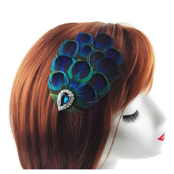 Women Bohemian Peacock Feather Hair Clip Hair Pin Elegant Fascinator Wedding Dance Party Headdress Headwear Hair Accessory Sequined Showgirl Headpiece (Style 6)
