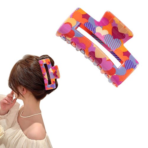 Valentine's Day Hair Claw Clips 1 Pcs Colorful Rectangle Heart Shape Hair Clips for Thick Hair Nonslip Acrylic Banana Jaw Clips Valentine's Day Hair Accessories for Women and Girls