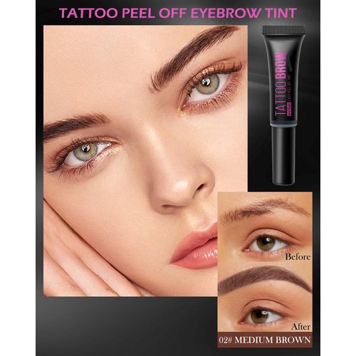 Peel Off Tattoo Eyebrow Gel-2Pcs Brown Tattoo Peel Off Eyebrow Gel Tinted, Long Lasting Waterproof Transfer-proof Tattoo Brow Peel Off Tinted Gel Brow Last Up to 3 Days, with Brow Stencil & Brush-02#