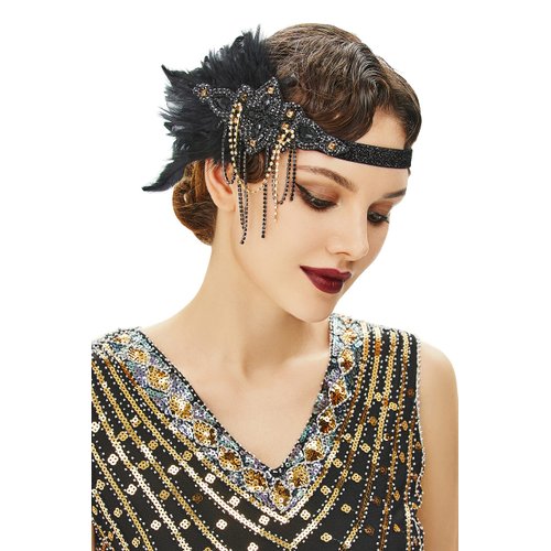 BABEYOND 1920s Flapper Headpiece 20s Gatsby Black Feather Headband Roaring 20s Hair Accessories with Crystal Beads (Black Gold)