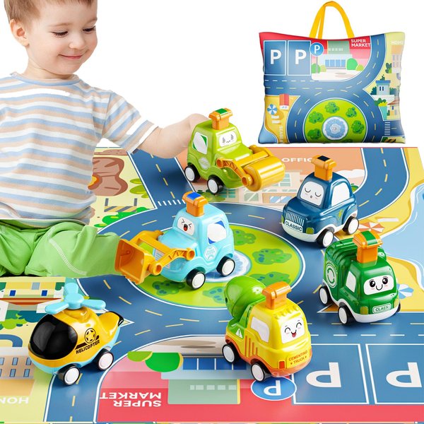 VGY Press and Go Car Toys for Toddlers 1-3, 6 Pack Baby Toy Car Set with Play Mat for Boy, Push Go Friction Vehicle Toys for Infants, One First Birthday Gifts for 1 2 3 Year Old Boys Girls