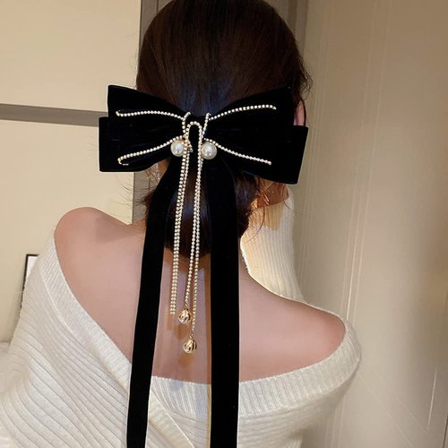 Wiwpar Black Velvet Bow Hair Clips for Women Big Bow Barrettes Pearl Bead Tassel Hair Clips Bowknot with Long Brocade Tassel Ribbon Tail Hair Pins Claw Hair Accessories for Prom (black)