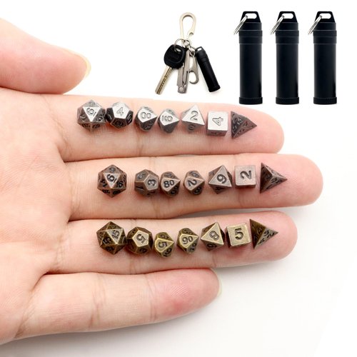Haxtec Mini Dice Set Tiny Small Metal DND Dice Set with Dice Case Portable Antique Metal Dice Set for Keychain-3 Sets