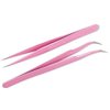 Onwon 2 Pcs Pink Stainless Steel Tweezers for Eyelash Extensions, Straight and Curved Tip Tweezers Nippers, False Lash Application Tools