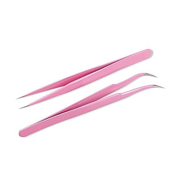 Onwon 2 Pcs Pink Stainless Steel Tweezers for Eyelash Extensions, Straight and Curved Tip Tweezers Nippers, False Lash Application Tools