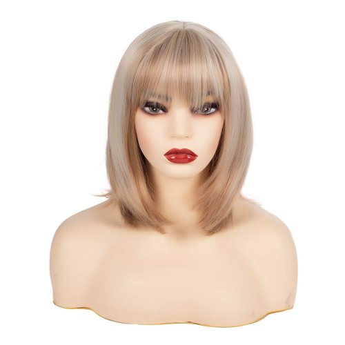 Swiking Blonde Bob Wigs for Women With Bangs Straight Shoulder Length Wig Soft Synthetic Hair for Cosplay Party(Bob Mix Silver)