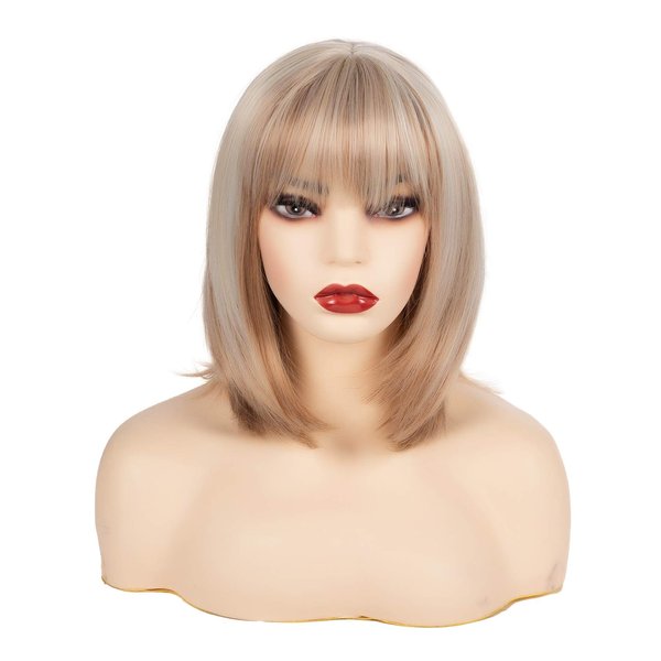 Swiking Blonde Bob Wigs for Women With Bangs Straight Shoulder Length Wig Soft Synthetic Hair for Cosplay Party(Bob Mix Silver)