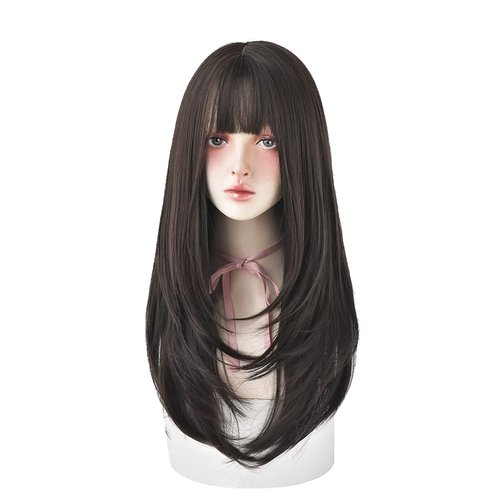 URCGTSA 25 Inches Long Straight Wig with Bangs Black Wig Heat Resistance Layered Synthetic Wigs for Women (Black Brown)