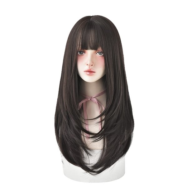 URCGTSA 25 Inches Long Straight Wig with Bangs Black Wig Heat Resistance Layered Synthetic Wigs for Women (Black Brown)
