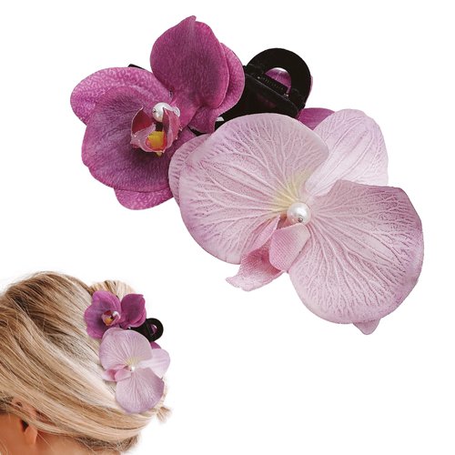 Hawaiian Orchid Butterfly Floral Hair Accessories - Stylish Hair Claw Clips for Women (Pink-Purple)