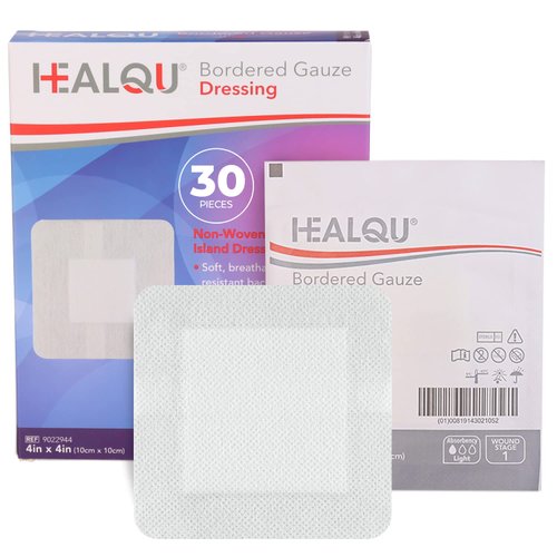 HEALQU Bordered Gauze Island Dressing - 30 Count, 4" x 4" Sterile Individually Wrapped Gauze Pads with Water-Resistant, Non-Woven Backing - Soft and Breathable Wound Dressing for First Aid and Medical